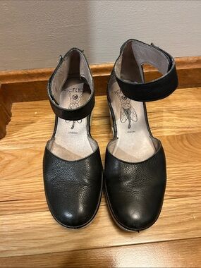 Fly London Black Leather Ankle-Strap Heels